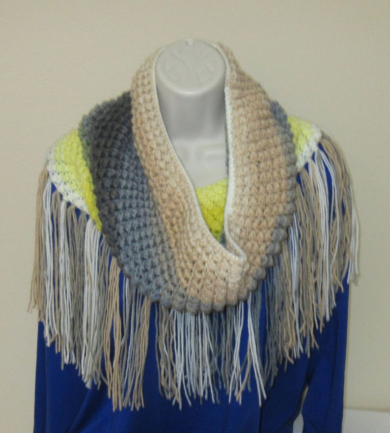 Crochet Cowl, Gray, White, Yellow, Beige Spring Cowl, Infinity Scarf, Fringed Scarf image 4