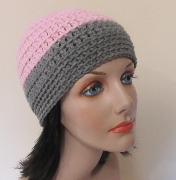 Crocheted Gray and Pink Beanie: Acrylic Winter Hat - Etsy