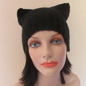 Crocheted Black Cat Ears Beanie - Acrylic Yarn, Fits up to 24&quot;