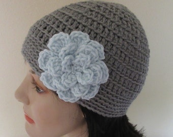 Grey Beanie with Attached Crocheted Blue Flower, Cold Weather Hat, Grey Cloche, Flapper Hat, Grey Snow Hat