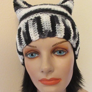 Crocheted Cat Ears Beanie: Black, White & Grey Acrylic Hat