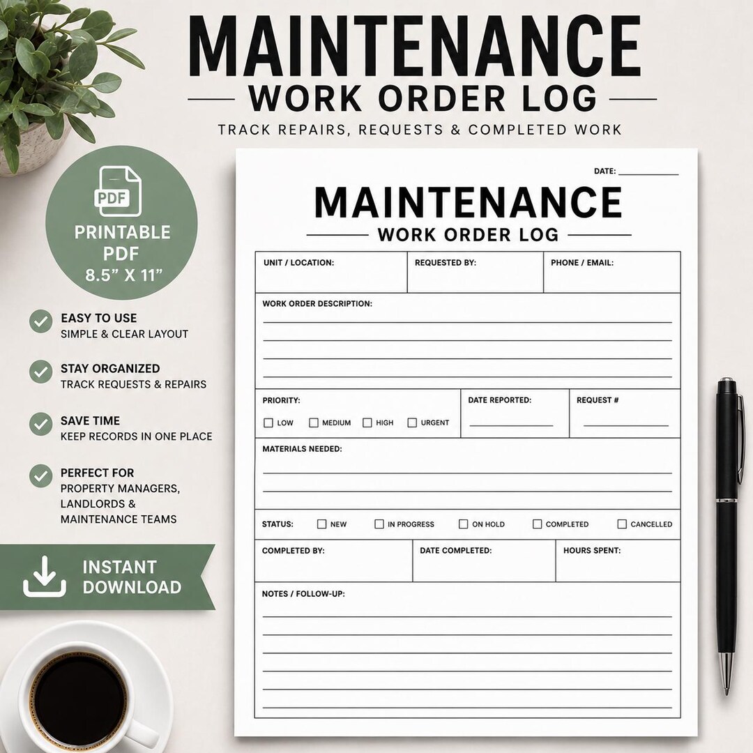 Printable Maintenance Work Order Log, Apartment Repair Tracker (PDF ...