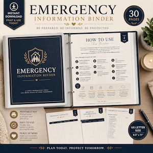 May include: An emergency information binder with a dark blue cover featuring a gold shield icon and text. The open binder displays a page titled How to Use This Binder, alongside loose sheets for emergency contacts, medical info, and documents, 8.5 x 11 inches.