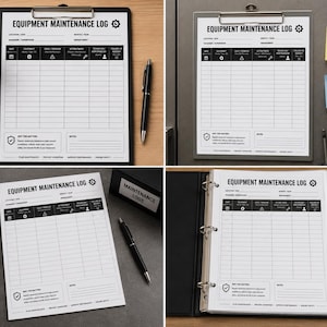 Könnte beinhalten: Verschiedene Wartungsprotokolle für Geräte werden angezeigt. Die Protokolle zeigen schwarzen Text auf weißem Papier mit einem Zahnradsymbol und dem Text "EQUIPMENT MAINTENANCE LOG". Eines befindet sich auf einem Klemmbrett, ein anderes in einem Ordner und eines auf einem Schreibtisch.