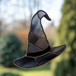 Patrón de vitral con sombrero de bruja, plantilla de vidrio para Halloween (PDF y PNG)