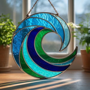 Ocean Wave Stained Glass Pattern - Suncatcher Template - Digital Download (PDF PNG SVG)