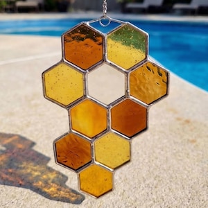 ハニカムステンドグラスパターンPDF | 幾何学模様のサンキャッチャーテンプレート | 初心者向け印刷可能PNG