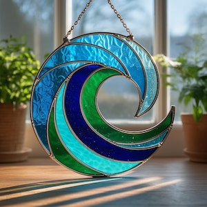Ocean Wave Stained Glass Pattern - Suncatcher Template - Digital Download (PDF PNG SVG)