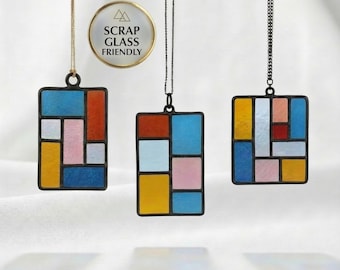 Motivo geometrico per vetrate artistiche, acchiappasole in vetro di recupero ispirato a Mondrian, download PDF PNG