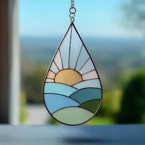 Sunshine Drop Stained Glass Pattern PDF - Bright Sun & Landschafts-Sonnenfänger - DIY Teardrop Fenster Art