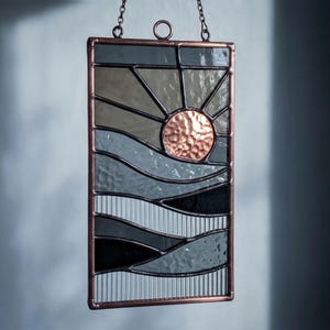 Landschaft Glasmalerei Muster - Sonne, Hügel Suncatcher Vorlage (PDF PNG SVG Download)