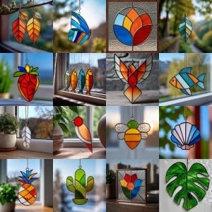 a collage of suncatcher stained glass panels