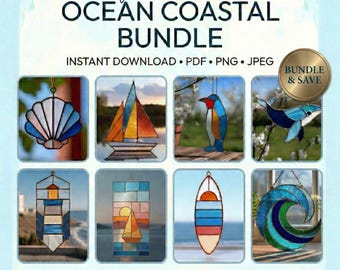 Ocean Stained Glass Pattern Bundle – 8 Coastal Suncatcher Templates PDF PNG JPEG
