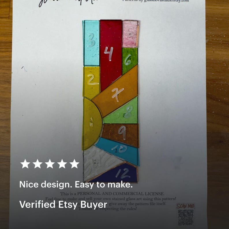 May include: Stained glass pattern with colorful geometric shapes and numbers 2, 3, 4, 5, 6, 7, 8, 9, 10, and 12. The text "Nice design. Easy to make." is visible. A verified Etsy buyer created this pattern.