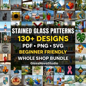 an image of a whole shop bundle stained glass patterns of hop glassnovastudio 130 templates Stained glass patterns, suncatcher patterns, printable PDF, beginner DIY glass, easy cutting templates
Glasmalerei Muster, Suncatcher Vorlagen, PDF Glas, Anfänger DIY, einfache Schnittmuster
ステンドグラス パターン, サンキャッチャー, PDF, 初心者, 簡単カット
Patrones vitrales, suncatcher, PDF, principiantes, corte fácil
Glas-in-lood patronen, suncatcher, PDF, beginners, eenvoudige sneden