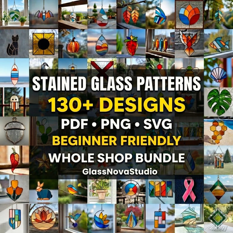 an image of a whole shop bundle stained glass patterns of hop glassnovastudio 130 templates Stained glass patterns, suncatcher patterns, printable PDF, beginner DIY glass, easy cutting templates
Glasmalerei Muster, Suncatcher Vorlagen, PDF Glas, Anfänger DIY, einfache Schnittmuster
ステンドグラス パターン, サンキャッチャー, PDF, 初心者, 簡単カット
Patrones vitrales, suncatcher, PDF, principiantes, corte fácil
Glas-in-lood patronen, suncatcher, PDF, beginners, eenvoudige sneden