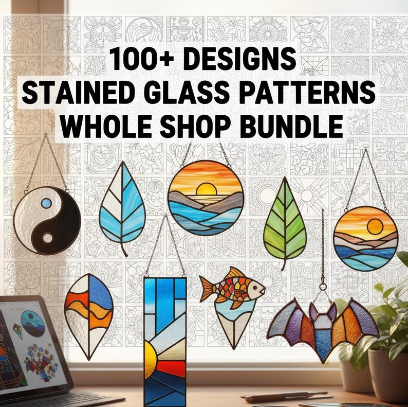 “DIY suncatcher templates in digital format, vibrant stained glass design collection”