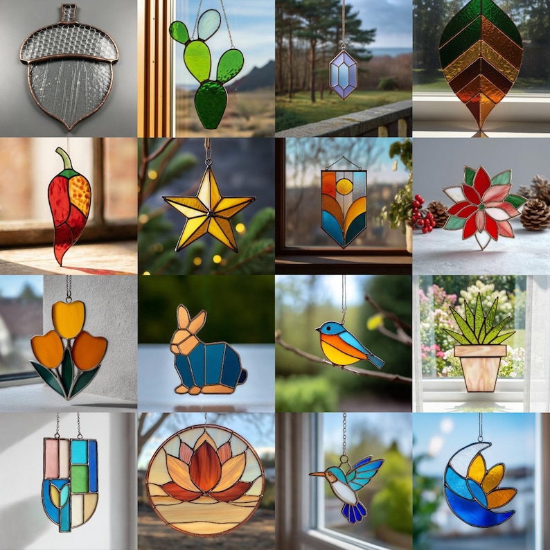a collage of suncatcher stained glass art Stained glass patterns, suncatcher patterns, printable PDF, beginner DIY glass, easy cutting templates
Glasmalerei Muster, Suncatcher Vorlagen, PDF Glas, Anfänger DIY, einfache Schnittmuster
ステンドグラス パターン, サンキャッチャー, PDF, 初心者, 簡単カット
Patrones vitrales, suncatcher, PDF, principiantes, corte fácil
Glas-in-lood patronen, suncatcher, PDF, beginners, eenvoudige sneden