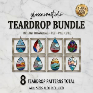 Op de afbeelding: Een afbeelding met acht kleurrijke teardrop patronen in vierkante frames. De patronen hebben verschillende kleuren en ontwerpen, met de tekst "TEARDROP BUNDLE" en "8 TEARDROP PATTERNS TOTAL". De tekst "INSTANT DOWNLOAD PDF PNG JPEG" is ook zichtbaar.