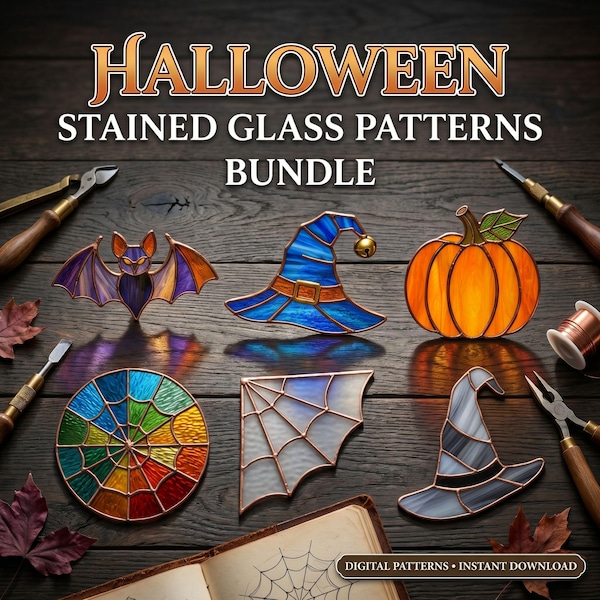 Halloween Stained Glass Patterns Bundle - 6 Spooky Designs PDF PNG JPEG -  Suncatcher Templates