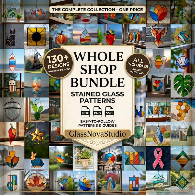 Stained glass Etsy hero bundle GlassNovaStudio 130 patterns easy cuts beginners digital files modern designs
Glasmalerei Etsy Bundle GlassNovaStudio 130 Muster einfache Schnitte Anfänger digitale Dateien moderne Designs
ステンドグラス Etsy ヒーロー 130パターン 簡単カット 初心者 デジタルファイル モダン
Vidrieras Etsy bundle GlassNovaStudio 130 patrones cortes fáciles principiantes archivos digitales modernos
Glas-in-lood Etsy bundle GlassNovaStudio 130 patronen eenvoudige sneden beginners digitale bestanden modern