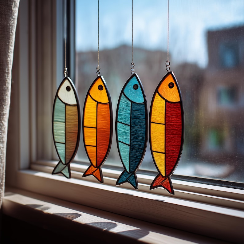 Printable 4 fish stained glass pattern PDF with ocean theme for DIY marine suncatcher or window glass art