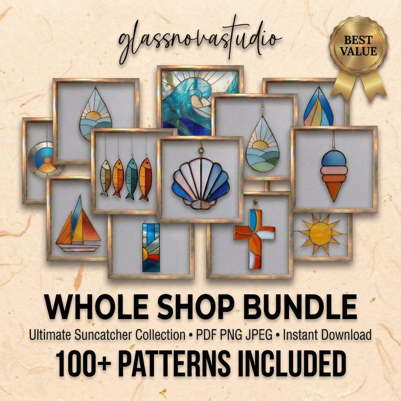 STAINED GLASS PATTERNS GLASSNOVASTUDIO BUNDLE 100 DESIGNS PDF PNG SVG