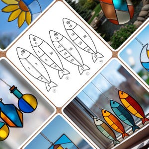 May include: A collage of stained glass art pieces and a diagram of fish shapes. The stained glass includes colorful fish and other shapes. The diagram shows fish outlines with numbered sections, likely for a craft project.