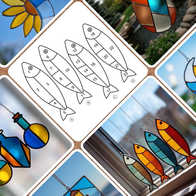 May include: A collage of stained glass art pieces and a diagram of fish shapes. The stained glass includes colorful fish and other shapes. The diagram shows fish outlines with numbered sections, likely for a craft project.