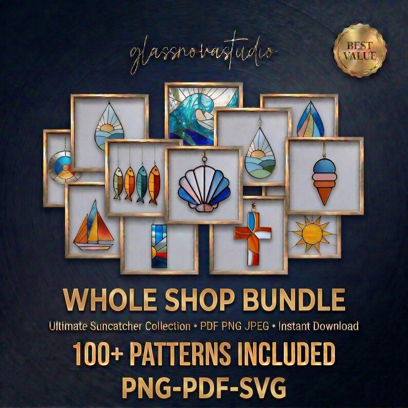STAINED GLASS PATTERNS GLASSNOVASTUDIO BUNDLE 100 DESIGNS PDF PNG SVG