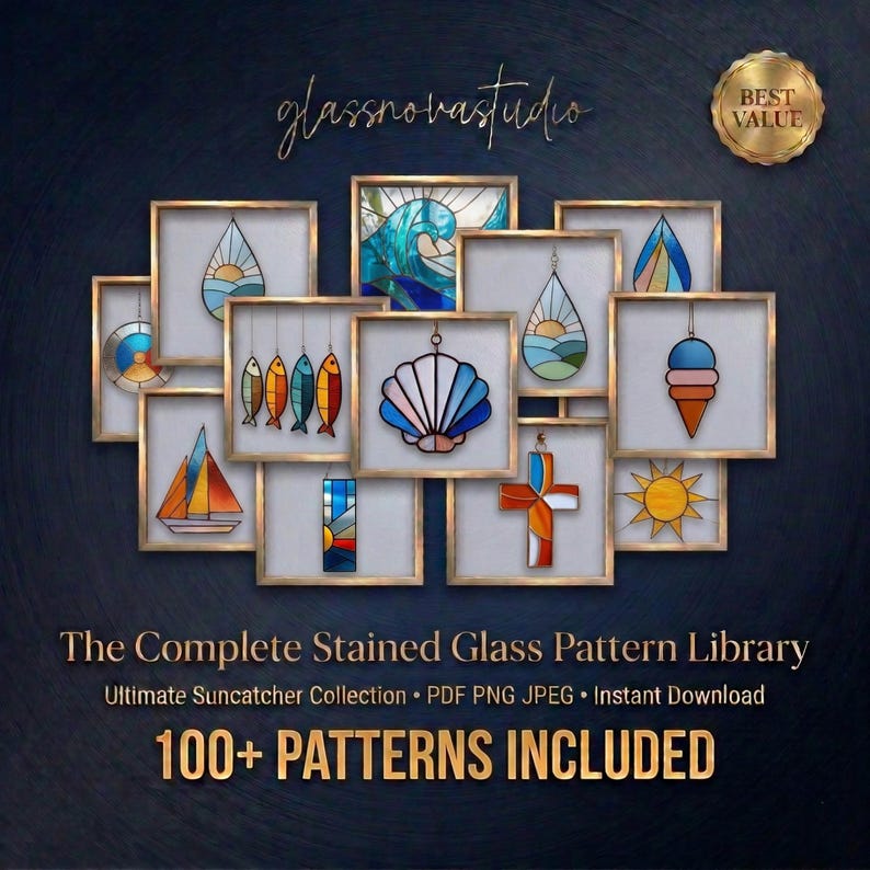 May include: A collection of stained glass patterns featuring designs like a wave, seashell, sailboat, fish, cross, sun, and ice cream cone. Text reads: glassnovastudio, The Complete Stained Glass Pattern Library, Ultimate Suncatcher Collection, 100+ PATTERNS INCLUDED.
