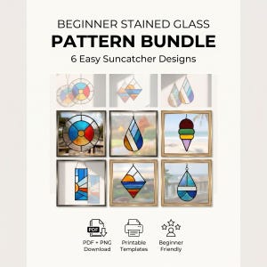 May include: A digital bundle of 6 beginner stained glass suncatcher patterns featuring geometric, landscape, and ice cream cone designs. The text reads BEGINNER STAINED GLASS PATTERN BUNDLE 6 Easy Suncatcher Designs, with icons for PDF, PNG, and printing.