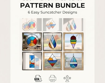 Beginner Stained Glass Pattern Bundle, 6 Easy Suncatcher Designs, Printable PDF PNG Templates