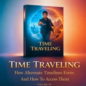 May include: A book cover with the title "TIME TRAVELING" in gold lettering. The cover features a person reaching out with a glowing hand, set against a backdrop of a fiery orange and blue portal. The text below reads: "How Alternate Timelines Form And How To Access Them."