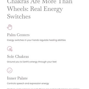 May include: A white graphic with text that reads "Chakras Are More Than Wheels: Real Energy Switches." The graphic includes illustrations and descriptions of palm centers, sole chakras, and inner palate.