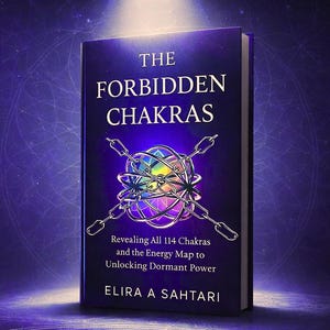 May include: A book titled "The Forbidden Chakras" with a dark blue cover. The cover features a colorful, geometric design and chains. Text on the cover reads "Revealing All 114 chakras and the Energy Map to Unlocking Dormant Power."