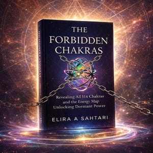 Op de afbeelding: Een boek getiteld "The Forbidden Chakras" met de tekst "Knowledge Changes Everything" bovenaan. De boekomslag is donker met een kleurrijk chakra-ontwerp en kettingen. De naam van de auteur, Elira A Sahtari, staat onderaan.