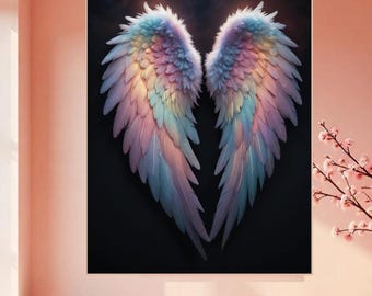 Lámina de alas de ángel en tonos pastel, arte fantástico etéreo (descarga digital)