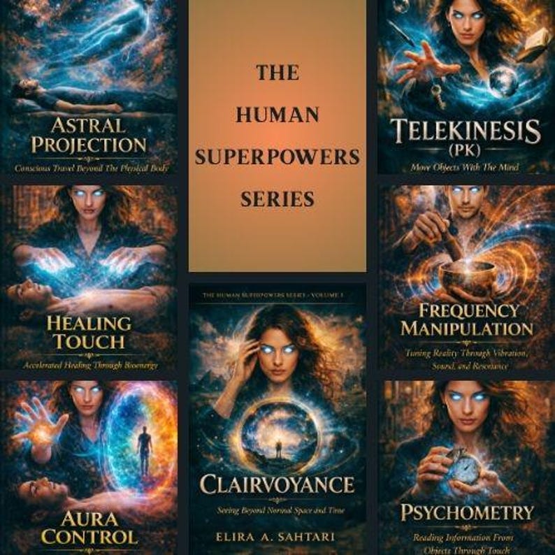 May include: A collection of book covers from "The Human Superpowers Series." The covers feature images of people with glowing eyes, and titles such as "Astral Projection," "Telekinesis," and "Clairvoyance." The series explores various psychic abilities.