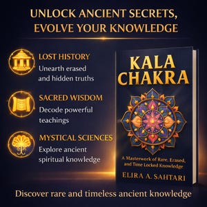 Könnte beinhalten: Buchcover für "Kala Chakra" mit dunkelblauem Hintergrund und goldenem Text. Das Cover zeigt ein farbenfrohes Mandala-Design und den Namen des Autors, Elira A. Sahtari. Das Bild wirbt für altes Wissen und verborgene Wahrheiten.