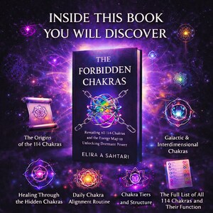 Op de afbeelding: Een boek getiteld "The Forbidden Chakras" met een donkere omslag en een kleurrijk abstract ontwerp. De afbeelding bevat tekst over chakra's, energie en het ontsluiten van kracht. Extra tekst belicht onderwerpen als oorsprong, genezing en galactische chakra's.