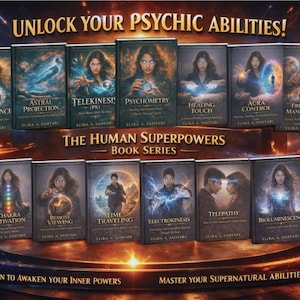 May include: A display of books from "The Human Superpowers Book Series" with titles like Clairvoyance, Astral Projection, and Telekinesis. The covers feature images of people and mystical themes. The text "Unlock Your Psychic Abilities" is at the top.