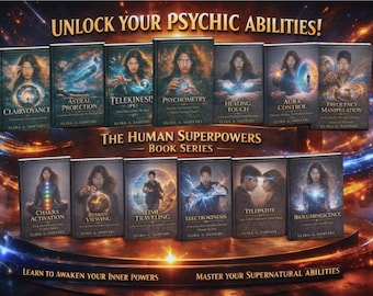 May include: A collection of thirteen books titled The Human Superpowers Book Series by Elira A. Sahtari. The covers feature dark, cosmic backgrounds with glowing blue energy effects and illustrations of people demonstrating various psychic abilities.