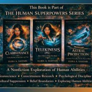 May include: Three books from "THE HUMAN SUPERPOWERS SERIES" are displayed. The book titles are "CLAIRVOYANCE", "TELEKINESIS", and "ASTRAL PROJECTION". Each book cover features a woman with glowing effects. The bottom of the image reads "A Nonfiction Exploration of Human Abilities".