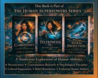 May include: Three books from "THE HUMAN SUPERPOWERS SERIES" are displayed. The book covers feature a woman with glowing energy effects. Titles include "CLAIRVOYANCE", "TELEKINESIS", and "ASTRAL PROJECTION". The text "A Nonfiction Exploration of Human Abilities" is also visible.