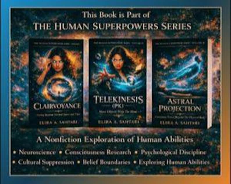 May include: Three books from "THE HUMAN SUPERPOWERS SERIES" are displayed. The book titles are "CLAIRVOYANCE", "TELEKINESIS", and "ASTRAL PROJECTION". Each book cover features a woman with glowing effects. The bottom of the image reads "A Nonfiction Exploration of Human Abilities".