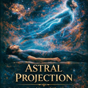May include: Book cover with a cosmic background featuring a person lying down and a glowing figure above. The title "Astral Projection" is in gold lettering, with the author's name, Elira A. Sahtari, below. The text "Conscious Travel Beyond The Physical Body" is also visible.