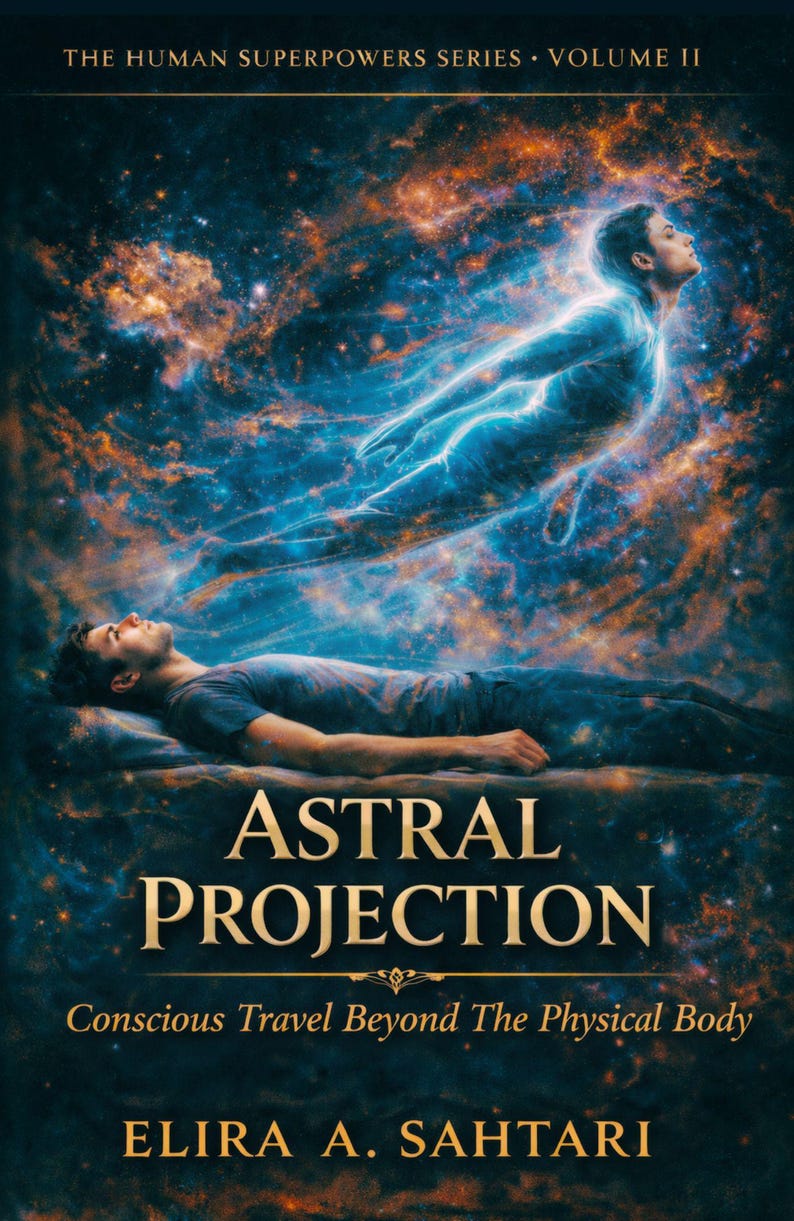 May include: Book cover with a cosmic background featuring a person lying down and a glowing figure above. The title "Astral Projection" is in gold lettering, with the author's name, Elira A. Sahtari, below. The text "Conscious Travel Beyond The Physical Body" is also visible.