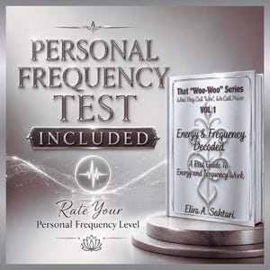 以下が含まれることがあります： 「Personal Frequency Test Included」というタイトルの本カバー。 本のタイトルは「Energy & Frequency Decoded」で、「That 'Woo-Woo' Series」の一部です。 カバーは、装飾的な要素を持つシルバーと白のカラースキームです。