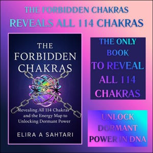 Op de afbeelding: Een boekomslag met de titel "The Forbidden Chakras" en de slogan "Onthult alle 114 chakra's en de energiemap om sluimerende kracht te ontgrendelen." De omslag toont een kleurrijk, geometrisch ontwerp met kettingen. Extra tekst: "Het enige boek om alle 114 chakra's te onthullen."